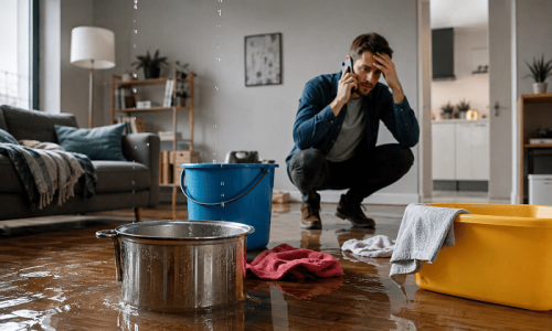 Personne faisant face à un dégât des eaux dans son salon avec fuite au plafond et seaux pour récupérer l'eau