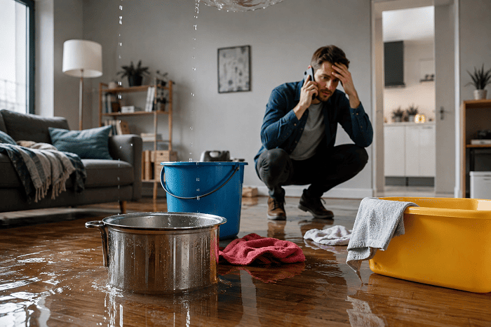 Personne faisant face à un dégât des eaux dans son salon avec fuite au plafond et seaux pour récupérer l'eau