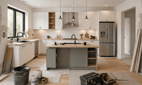 Cuisine moderne en cours de rénovation avec nouveaux meubles, îlot central et finitions en cours de pose