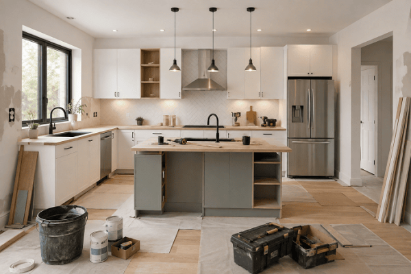 Cuisine moderne en cours de rénovation avec nouveaux meubles, îlot central et finitions en cours de pose