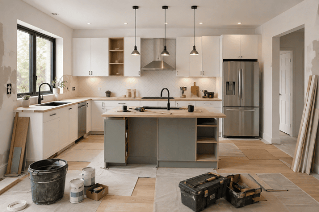 Cuisine moderne en cours de rénovation avec nouveaux meubles, îlot central et finitions en cours de pose